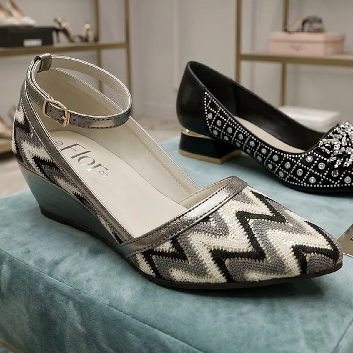 Chevron Woven Wedge Heels – Silver Ankle Strap, detail view 5