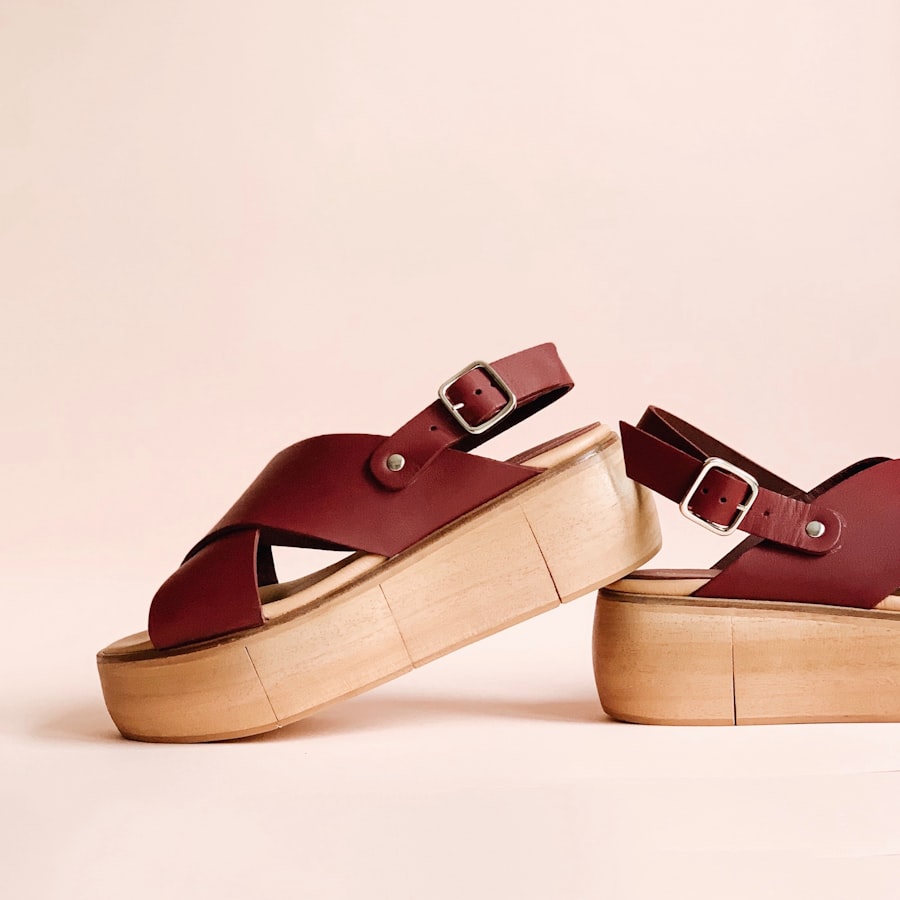 Burgundy cross strap platform sandals