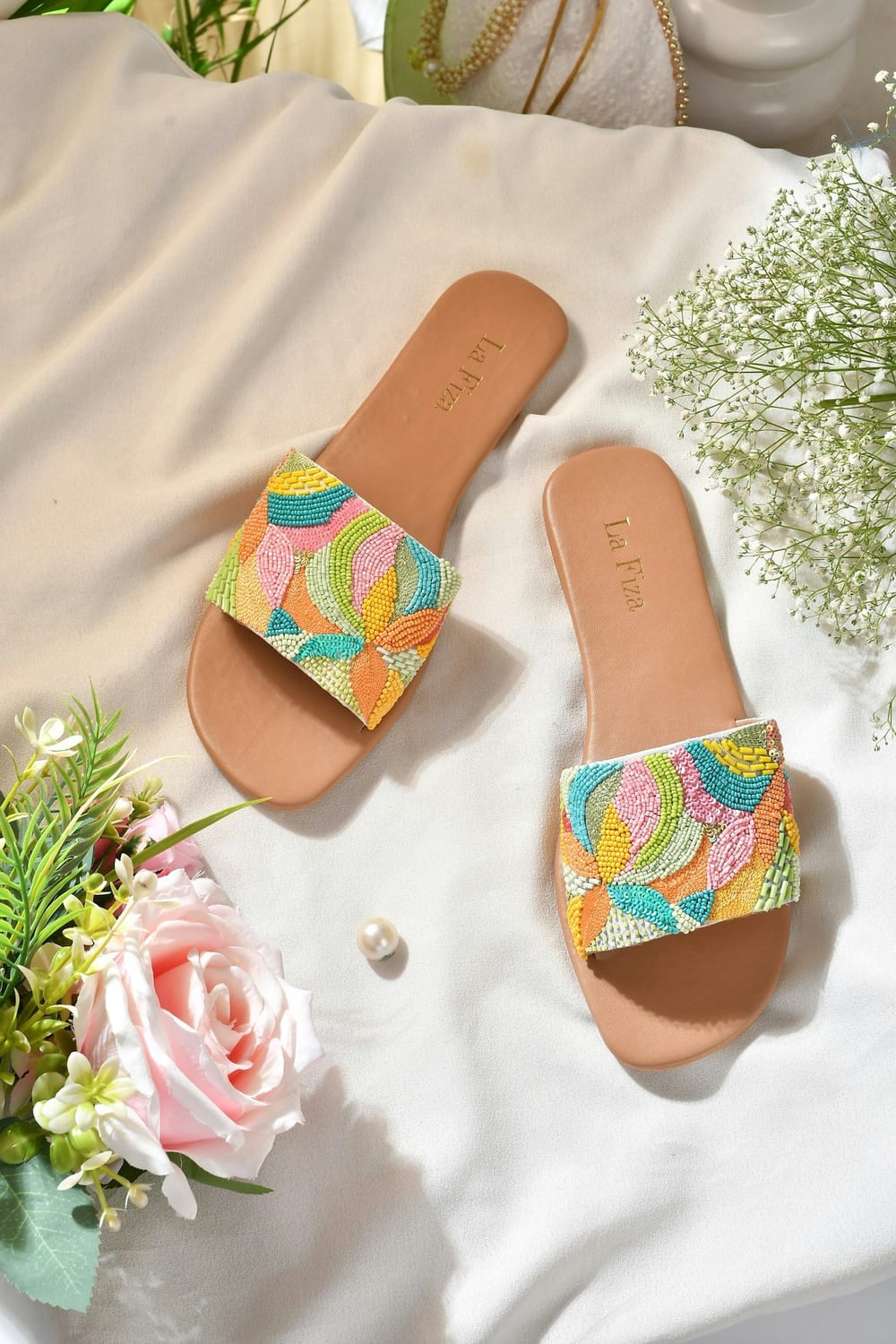 Embroidered flat slide sandals
