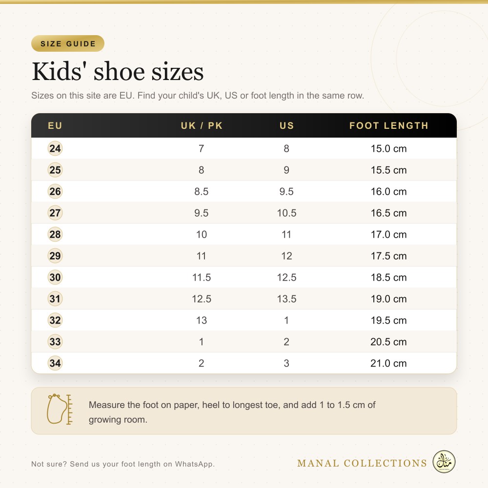 Kids Beach Clogs size chart (EU, UK/PK, US, cm)