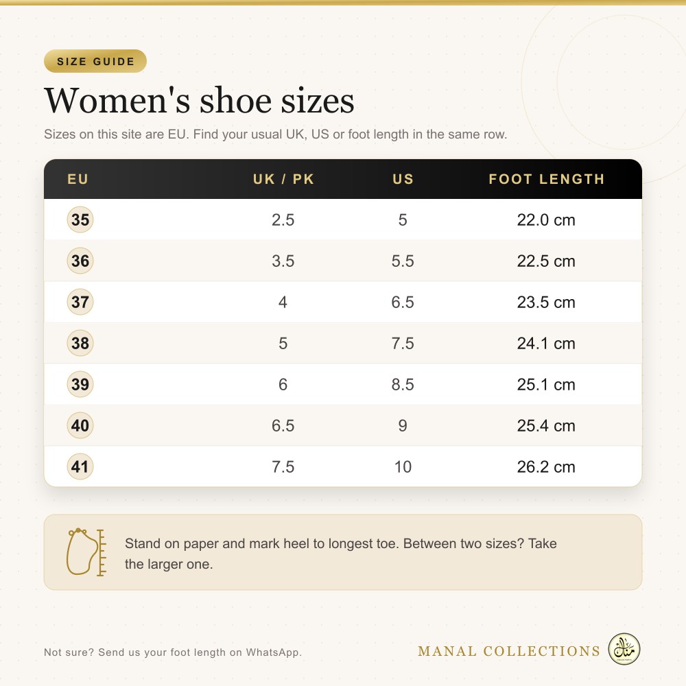 Black Pointed Pumps size chart (EU, UK/PK, US, cm)